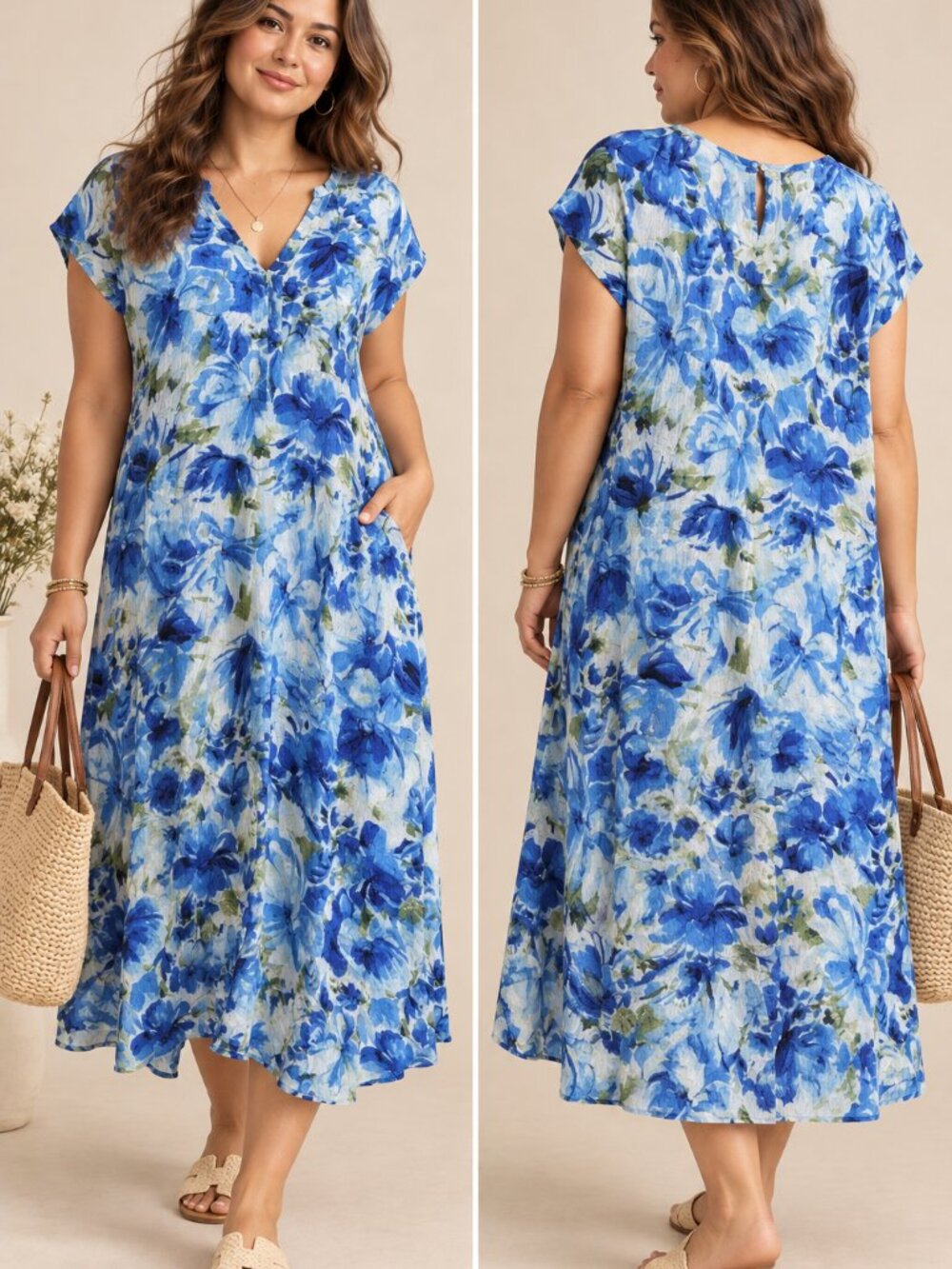 NWT Dress Addict Joba Blue Floral A-Line Midi Dress Size L XL
